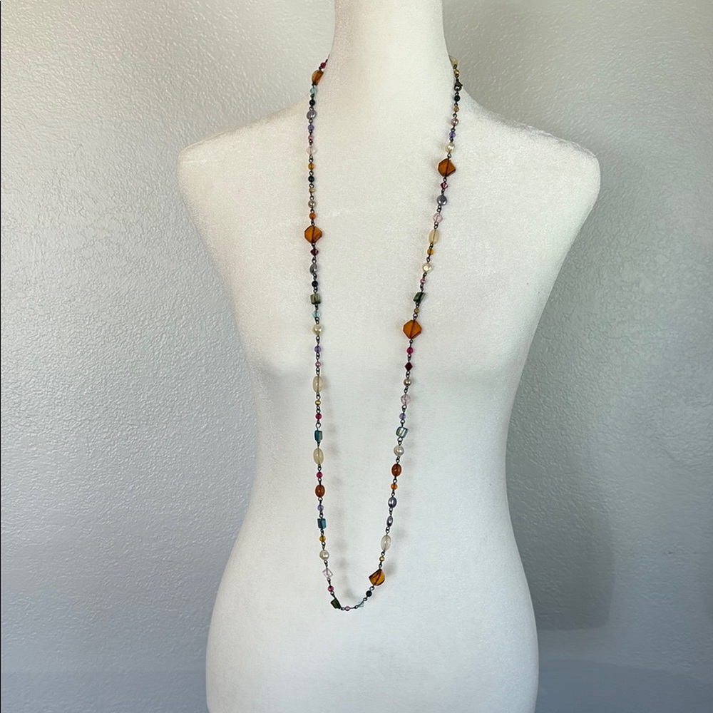 Multi Color Bead Long Necklace with Delicate Chain